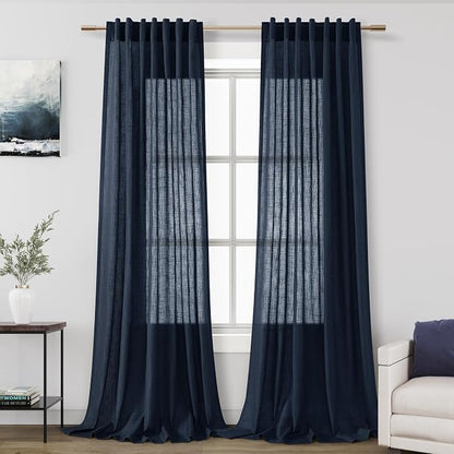 Navy Blue Linen Curtains for Living Room 2 Panels Set Extra Long Back Tab Light by Nanspring