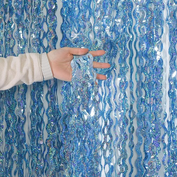 4 Pack Wavy Blue Tinsel Backdrop Streamers Party Decorations 3.3x6.6 Feet | by KEEUH