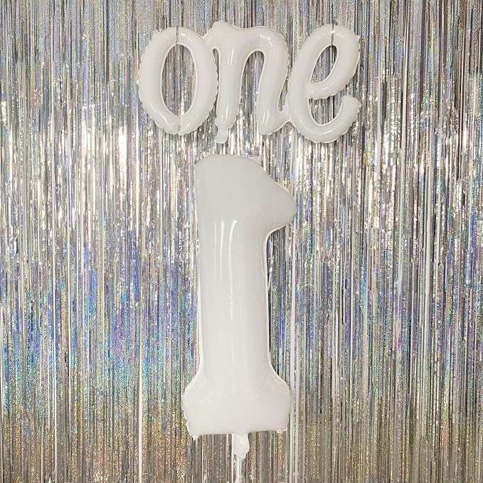 2Pcs Matte White Foil 40" Number 1 and 26" Script Letter One Balloon Set | - Image 6