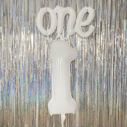 2Pcs Matte White Foil 40" Number 1 and 26" Script Letter One Balloon Set | - Image 6