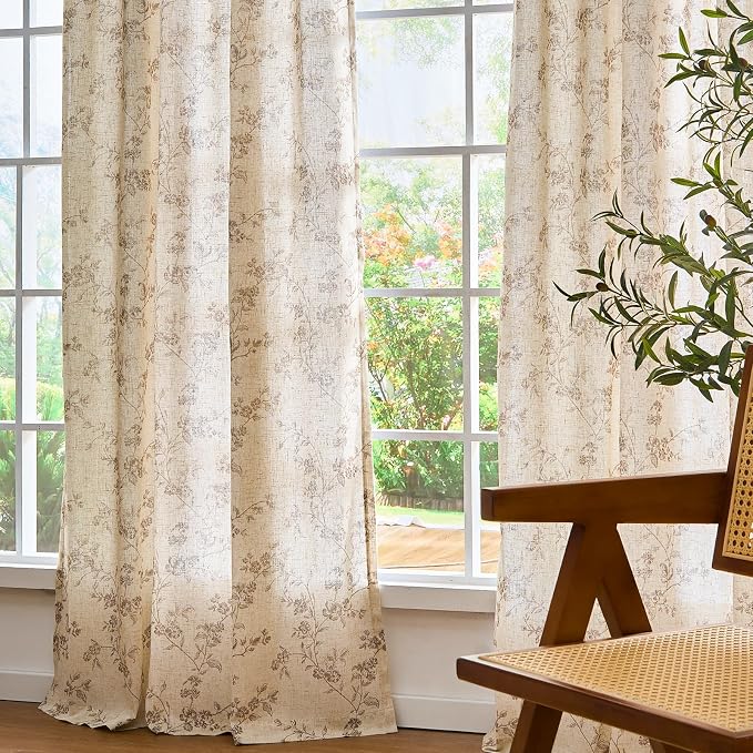 Taupe Vintage Floral Linen Curtains Farmhouse 50W X 84L 2 Panels | Elisa Series - Image 7