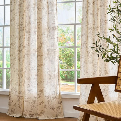Taupe Vintage Floral Linen Curtains Farmhouse 50W X 63L 2 Panels | Elisa Series - Image 7
