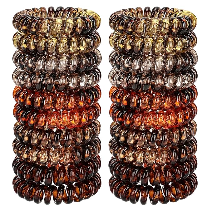 JessLab Spiral Hair Ties, 20 Pcs Traceless Phone Cord Hair Ties No Crease Spiral Bracelet Plastic Coil Ponytail Holders No-Damage Headband Hair Accessory for Girls Women Ladies Gift (Amber)