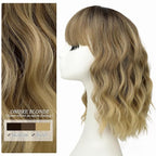 Nnzes Short Wavy Bob Wig with Bangs for Women Shoulder Length Curly Brown Ombre Blonde Synthetic Heat-Resistant Fiber Hair for Daily & Party Use