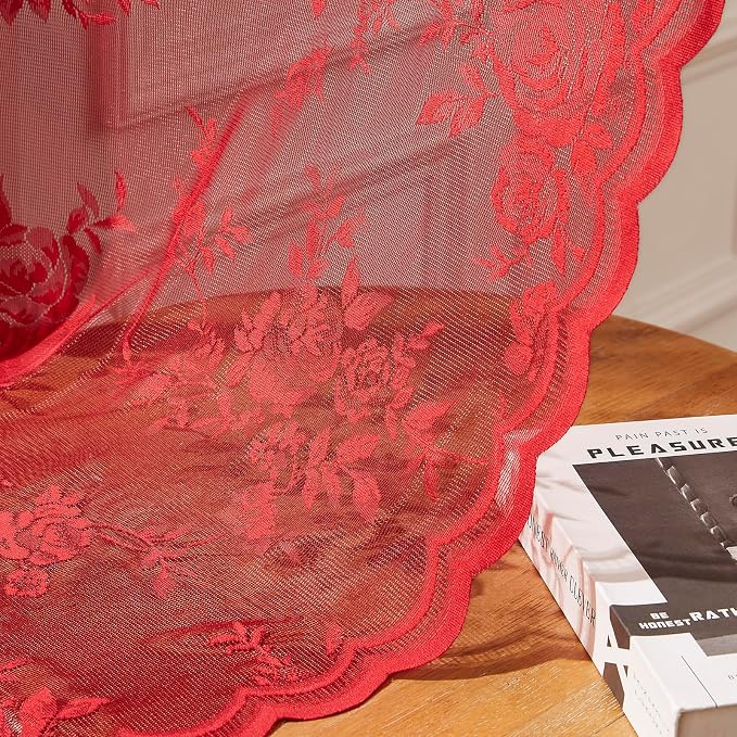 Red Lace Curtains 63 Inch Length 2 Panels Set - Image 6