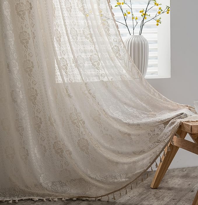 Sutuo Home Boho Kitchen Curtains Crochet Florals Embroidery, Bohemian Sheer by SutuoHome