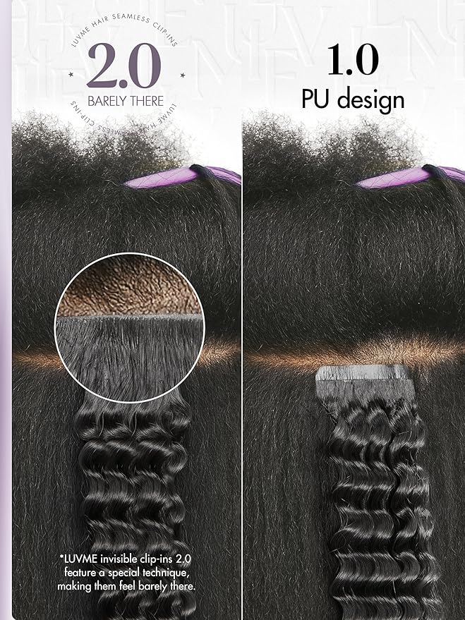 LUVME Invisible Clip ins Hair Extensions Deep Kinky Curly Real Human Hair Remy Hair Clip ins for Women, Natural Human Hair,20 inch 2 Pack 220g 12Pcs, Natural Black