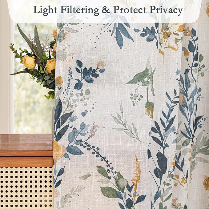 MYSKY HOME Floral Linen Door Curtains Blue Farmhouse Privacy Door Window - Image 3