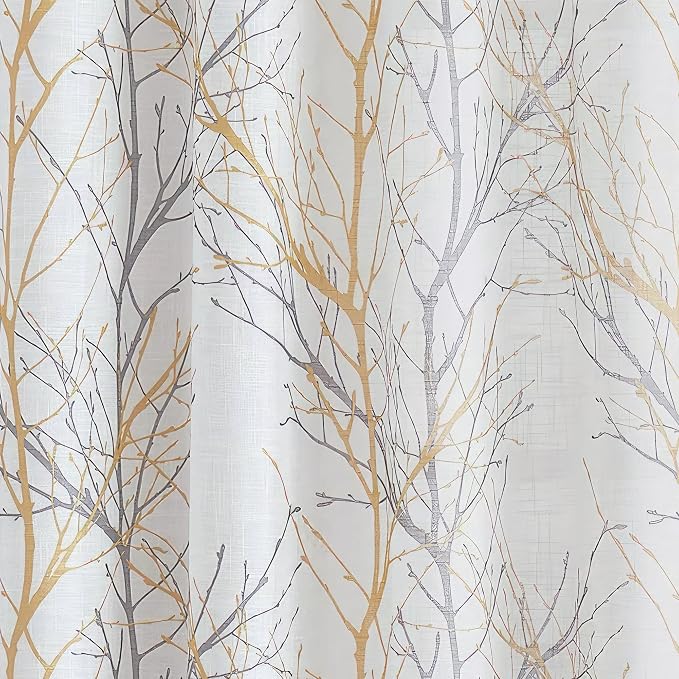 FMFUNCTEX Linen Yellow White Semi Sheer Print Curtains 72 Inch 2 Panels | Tree - Image 8