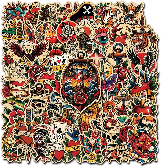 50 Pcs Vintage Graffiti Stickers Traditional Tattoo Vinyl Decal Retro Horror by Unknown