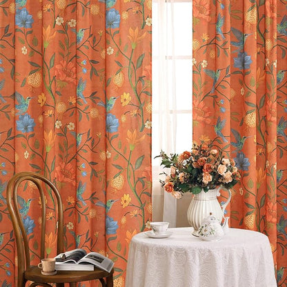 Orange Floral Linen Curtains, Boho Whimsical Bird Print Curtains by JOOJA