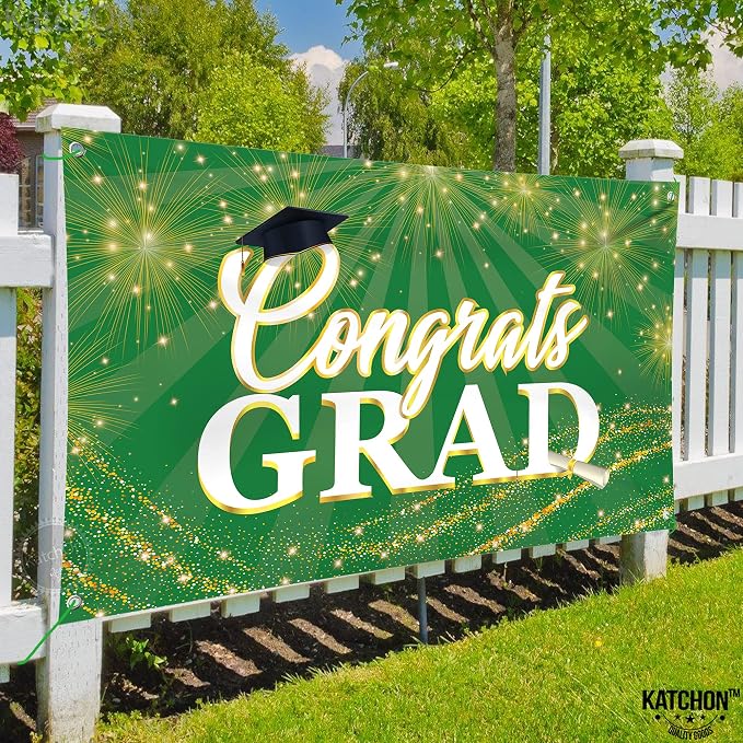 KatchOn Green Congrats Grad Banner 72x44 Inch | Green and Gold Grad Banner - Image 7
