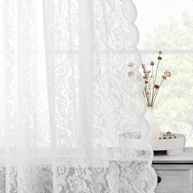 Bujasso White Lace Sheer Curtains 84 inch Vintage Floral Sheer Window Curtain by Bujasso