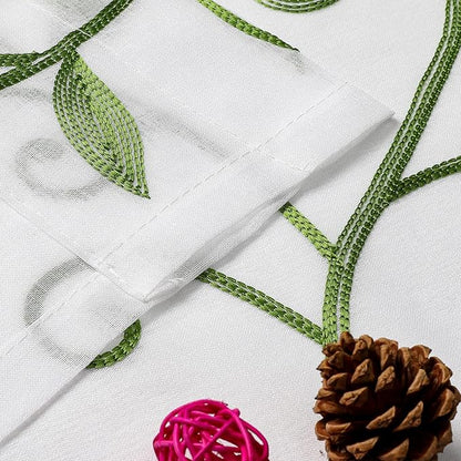 Embroidered Green Sheer Voile Curtains, Leaves Embroidery Faux Linen Rod Pocket - Image 4