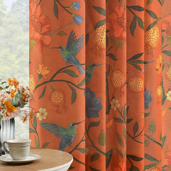 Terracotta Floral Linen Curtains, Boho Whimsical Bird Print Curtains by JOOJA