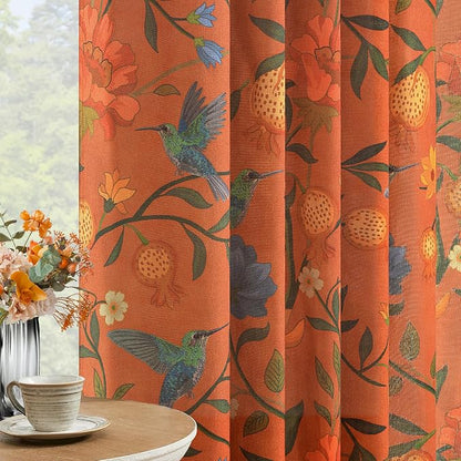 Orange Floral Linen Curtains, Boho Whimsical Bird Print Curtains - Image 2