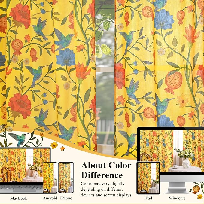 Mustard Yellow Floral Linen Curtains, Boho Whimsical Bird Print Curtains - Image 8