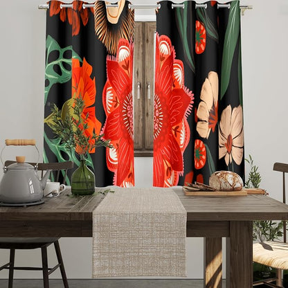 Tyrot 100% Blackout Black Boho Floral Curtains 45 Inch Long 2 Panels Mid - Image 2