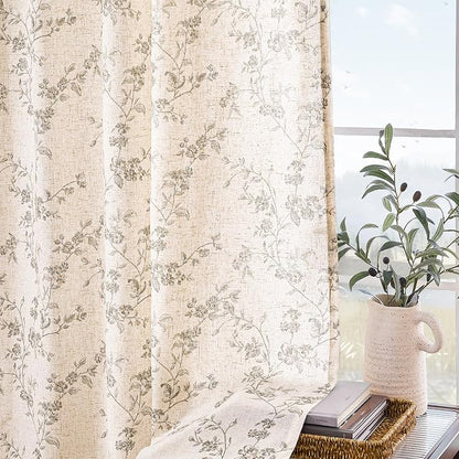 Grey Vintage Floral Linen Curtains Farmhouse 50W X 63L 2 Panels | Elisa Series - Image 8