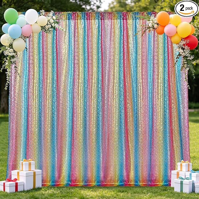 Hahuho Rainbow Sequin Backdrop Curtain, Party Decoration（2 Panels, 4FT x 8FT by Hahuho