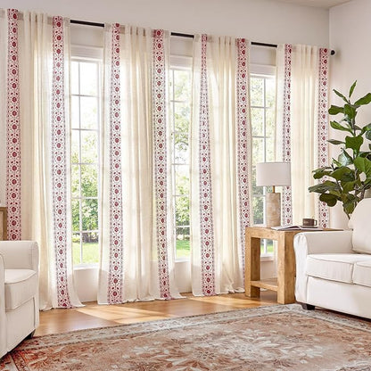 jinchan Floral Linen Curtains Embroidered Back Tab 50x84in 2 Panels Red | Light - Image 2