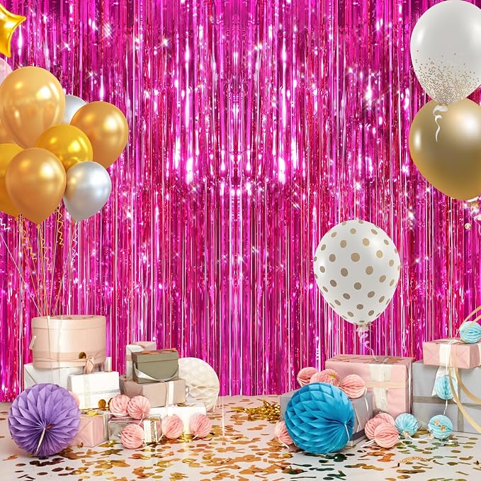 2Pack Hot Pink Metallic Tinsel Foil Fringe Curtains Backdrop - Image 5