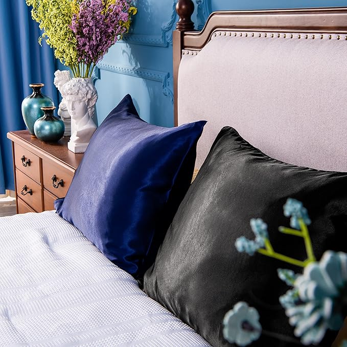 NTBAY 12 Pack Satin Standard Pillowcases for Hair and Skin, Luxurious and Silky Pillow Cases with Envelope Closure, 20 x 26 Inches, Navy Blue