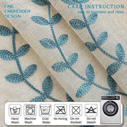 2 Panels Linen Leaf String Floral Embroidered Semi Sheer Curtain Farmhouse - Image 6
