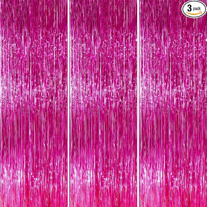 PartyWoo Hot Pink Foil Fringe Curtain 8.2FT 3pcs Red Rose Tinsel Streamers | by PartyWoo