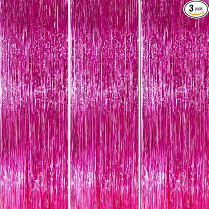 PartyWoo Hot Pink Foil Fringe Curtain 8.2FT 3pcs Red Rose Tinsel Streamers | by PartyWoo