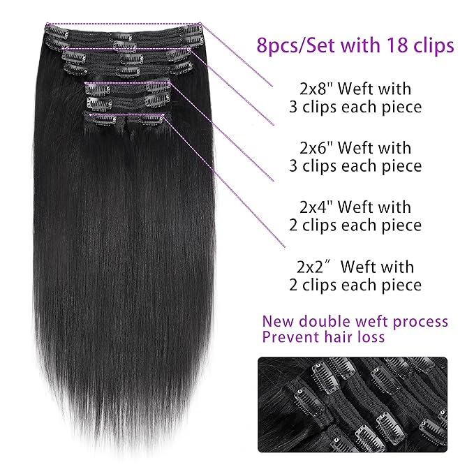 Yaki Straight Clip in Hair Extensions For Women 100% Unprocessed Brazilian Virgin Hair Clip on Hair Extensions Yaki Straight Clip ins 120g/set(26 Inch)