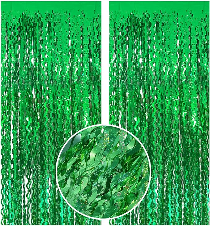 Green Tinsel Foil Fringe Curtains Wavy Backdrop by BOMSI