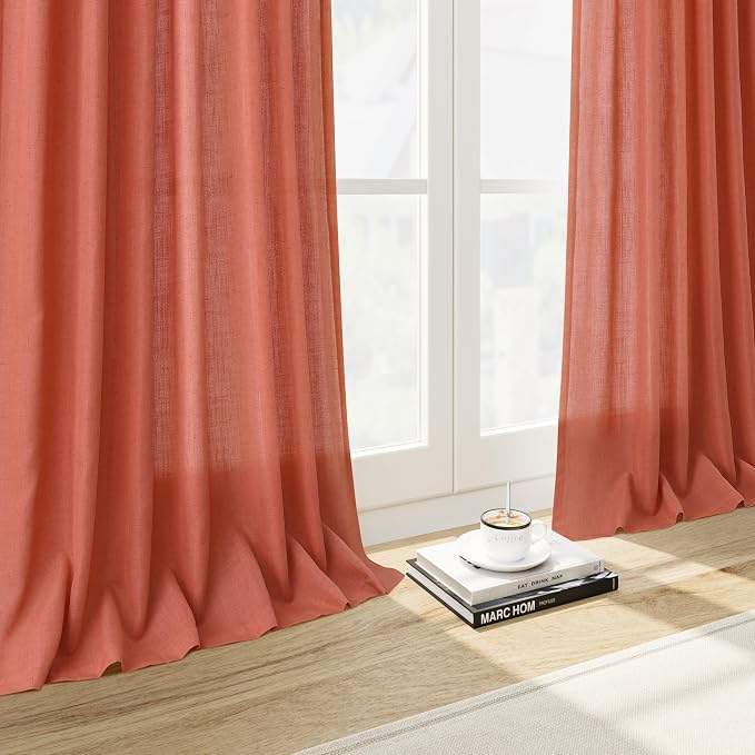 Coral Linen Curtains 108 Inches Long 2 Panels Set Back Tab Loop Pocket Light - Image 6