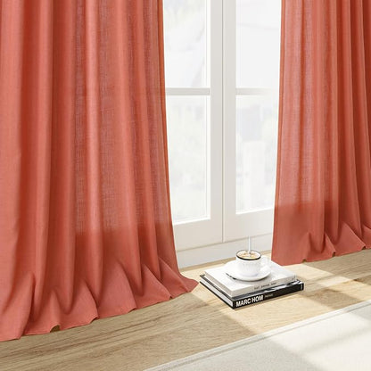 Coral Linen 96 Inch Length Curtains Panels 2 Panel Set Back Tab Rod Pocket - Image 6