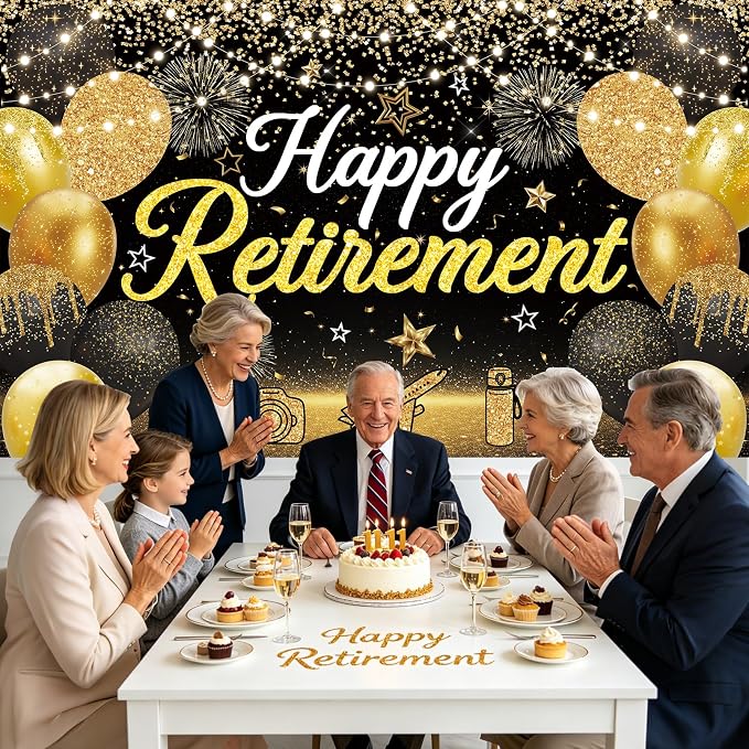 Large Black Gold Happy Retirement Decorations Banner - Image 5