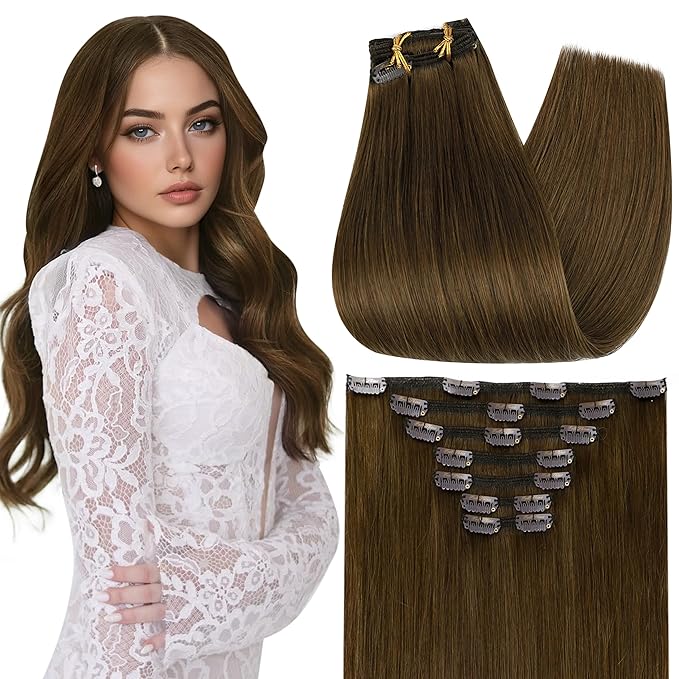 Full Shine Clip in Hair Extensions Human Hair 22 Inch Instant Volume Straight Seamless Natural Human Hair Light Brown Hair Extensions Clip ins 7 Pcs 120 G