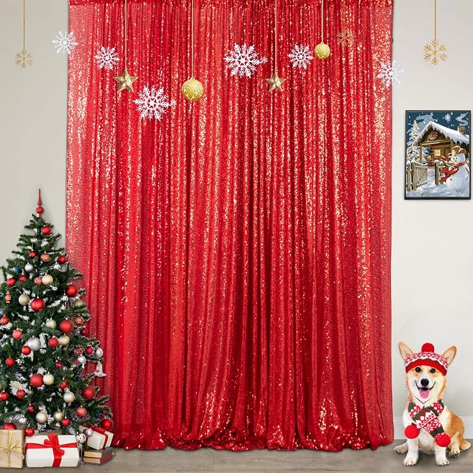 ShinyBeauty 5FTx7FT Red Sequin Backdrop Curtain | Glitter Photo Background by ShinyBeauty