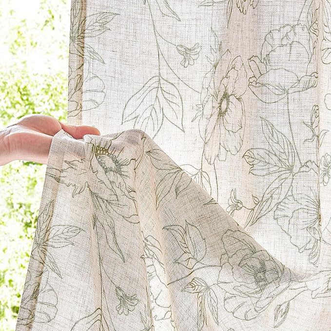 jinchan Floral Linen Curtains for Living Room 84 Inch Length Green Flower - Image 3