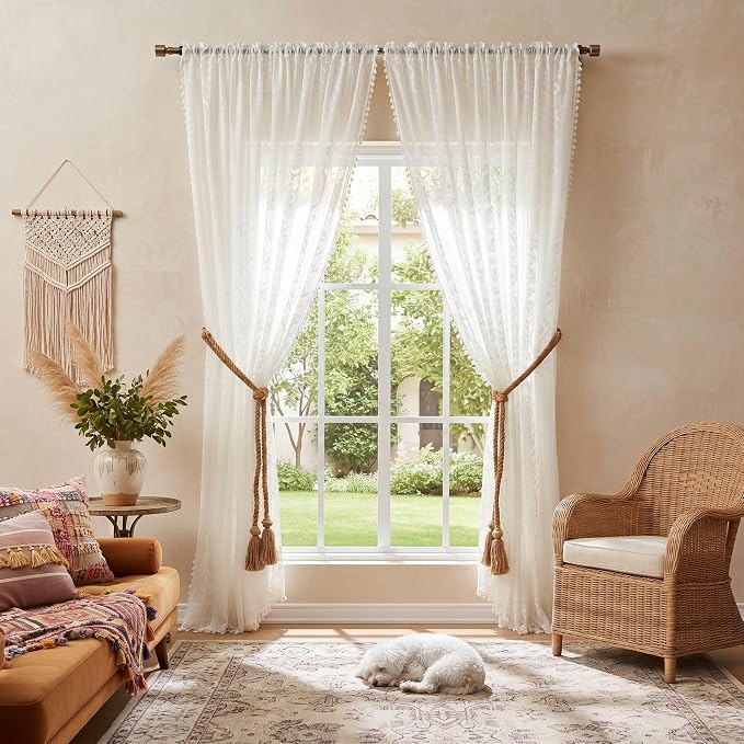 WAZZIO White Boho Lace Curtains 96 Inch -Cute Vintage Victorian Sheer Panel - Image 2
