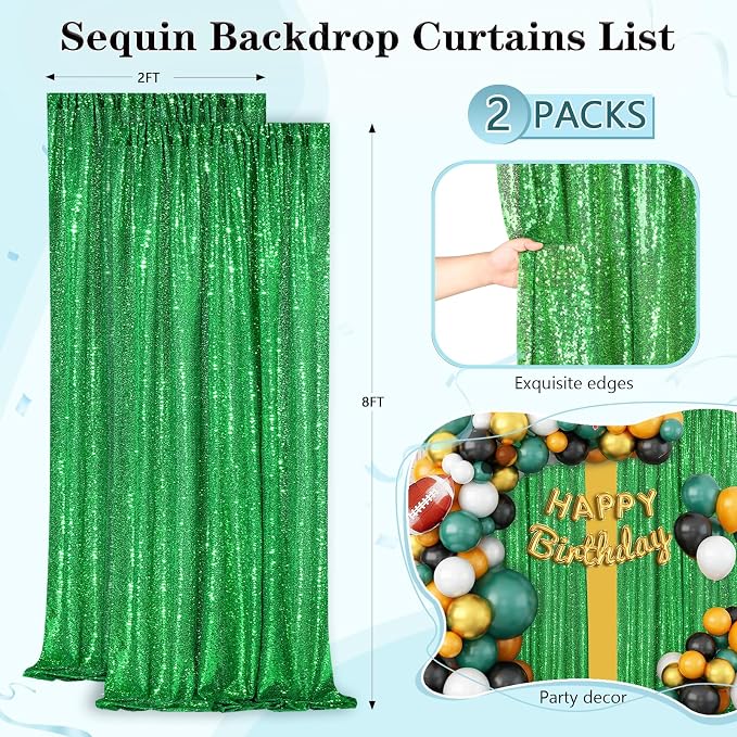 Green Sequin Backdrop Curtains 2 Panels 2FTx8FT Christmas Party Backdrop | - Image 6