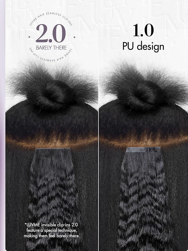 LUVME Invisible Clip in Hair Extensions, Kinky Straight Real Human Hair Remy Hair Clip ins for Women, Natural Human Hair, 18 inch 110g 7Pcs, Natural Black