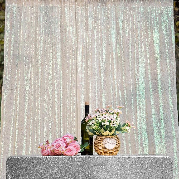 JYFLZQ White Iridescent Sequin Backdrop Curtains 10ft x 10ft 1 Panel Glitter by JYFLZQ