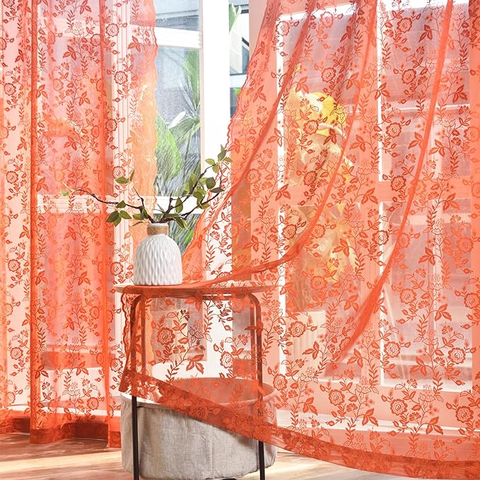 Burnt Orange Sheer Kitchen Curtains Leaf Floral W42 x L45 Inch 2 Panels | Rod by FINECITY