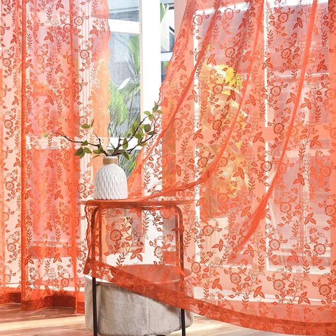Burnt Orange Floral Lace Curtains by FINECITY