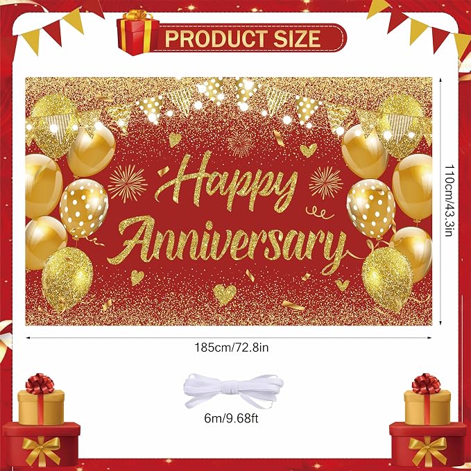 Wedding Anniversary Banner Red Gold Happy Decorations - Image 2
