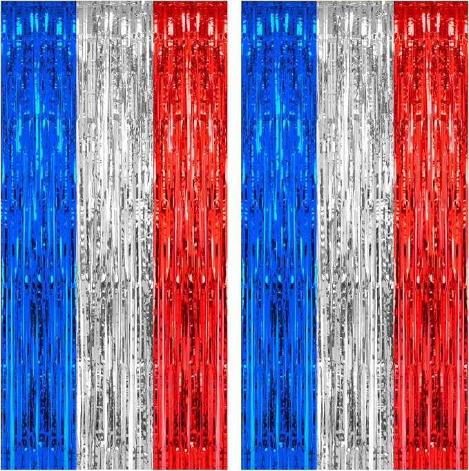 PIGETALE, 2 Pack 3.2 x 8.2 ft Red White and Blue Foil Fringe Backdrop Curtain by welcomePIGETALE