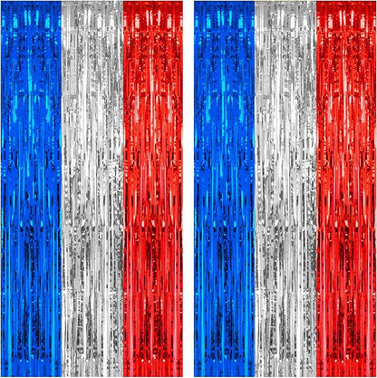 PIGETALE, 2 Pack 3.2 x 8.2 ft Red White and Blue Foil Fringe Backdrop Curtain by welcomePIGETALE
