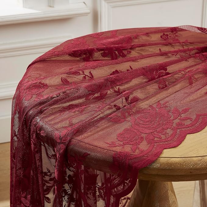 Burgundy Lace Curtains 120 Inches Long 2 Panels Romantic Floral Curtains - Image 6