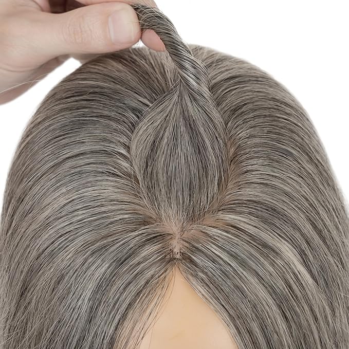 Hairro Human Hair Toppers Free Parted, 3.5x4.7" Base Hand-wovened 100% Real Hairpieces, with Invisible Clips-in for Women, for High Hairline/Adding Volume on Top, 10 Inch Dark Grey Mix Silver
