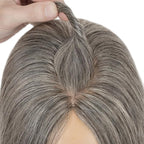 Hairro Human Hair Toppers Free Parted, 3.5x4.7" Base Hand-wovened 100% Real Hairpieces, with Invisible Clips-in for Women, for High Hairline/Adding Volume on Top, 10 Inch Dark Grey Mix Silver